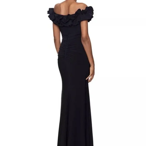 Xscape Black Ruffle Off the Shoulder Scuba Crepe Gown